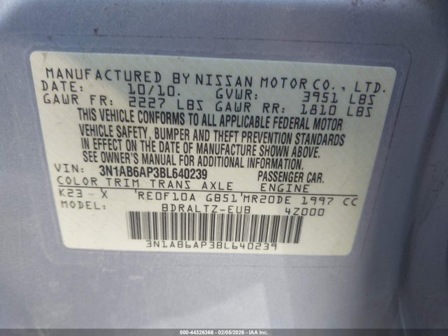 44326366 :رقم المزاد ، 3N1AB6AP3BL640239 vin ، 2011 Nissan Sentra 2.0s مزاد بيع