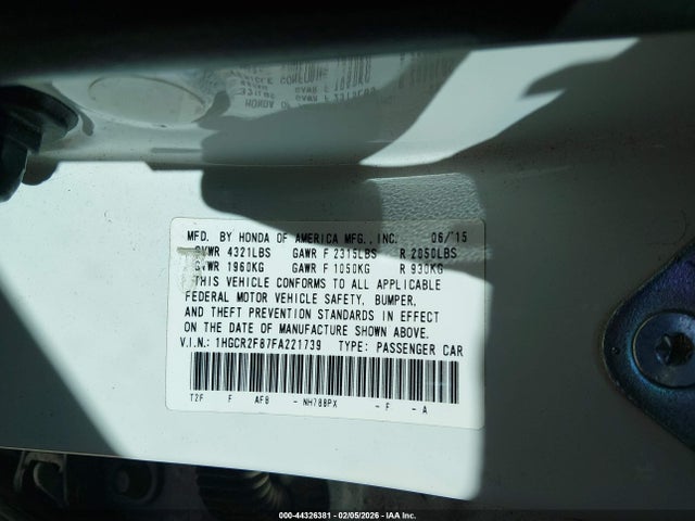 2015 Honda Accord Ex-l მანქანა იყიდება აუქციონზე, vin: 1HGCR2F87FA221739, აუქციონის ნომერი: 44326381