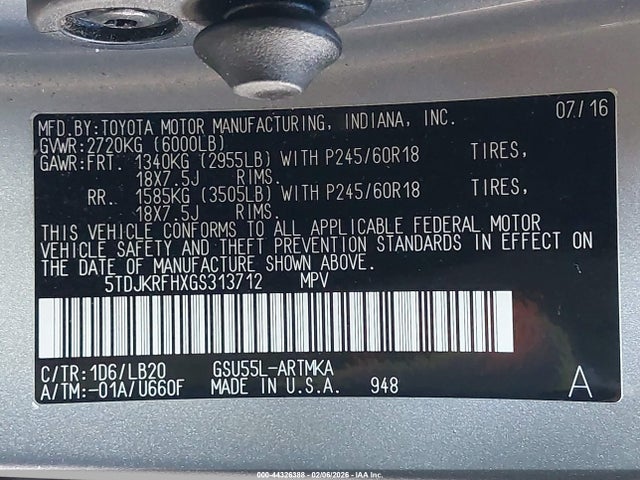 5TDJKRFHXGS313712 Toyota Highlander Xle V6