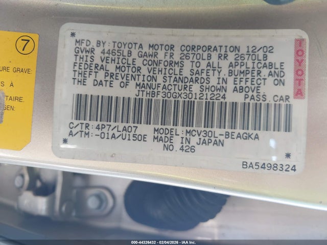 Aukcja sprzedaży 2003 Lexus Es 300, vin: JTHBF30GX30121224, numer aukcji: 44326432