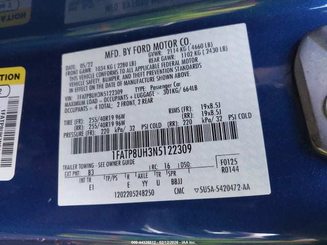 Продаж на аукціоні авто 2022 Ford Mustang Ecoboost Premium, vin: 1FATP8UH3N5122309, номер лоту: 44326512