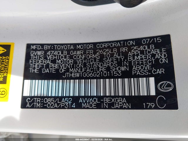 Aukcja sprzedaży 2016 Lexus Es 300h, vin: JTHBW1GG6G2101153, numer aukcji: 44326547