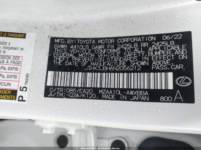 44326558 :رقم المزاد ، JTHX3JBH6N2056212 vin ، 2022 Lexus Ux 200 مزاد بيع