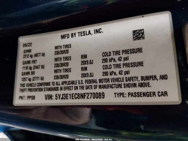 Продаж на аукціоні авто 2022 Tesla Model 3 Performance Dual Motor All-wheel Drive, vin: 5YJ3E1EC8NF270089, номер лоту: 44326636