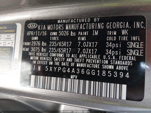 Aukcja sprzedaży 2016 Kia Sorento 2.4l L, vin: 5XYPG4A36GG185394, numer aukcji: 44326651