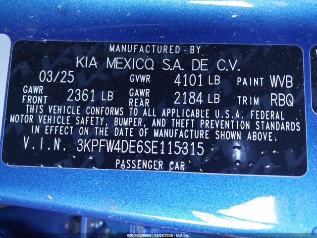 3KPFW4DE6SE115315 KIA K4 Gt-line