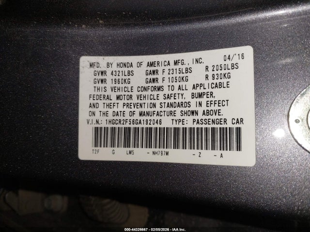 1HGCR2F56GA192046 Honda Accord Sport