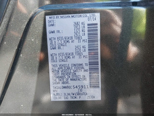2014 Infiniti Qx60 მანქანა იყიდება აუქციონზე, vin: 5N1AL0MN9EC545911, აუქციონის ნომერი: 44326684