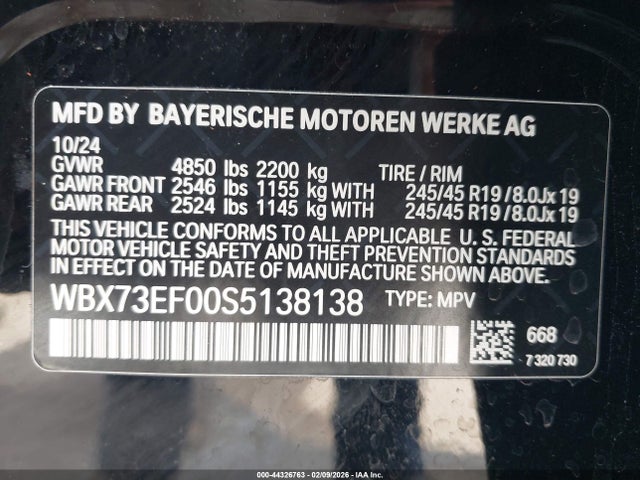 44326763 :رقم المزاد ، WBX73EF00S5138138 vin ، 2025 Bmw X1 Xdrive28i مزاد بيع