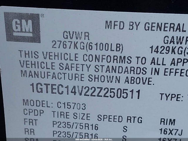 44326860 :رقم المزاد ، 1GTEC14V22Z250511 vin ، 2002 Gmc Sierra 1500 Sle مزاد بيع