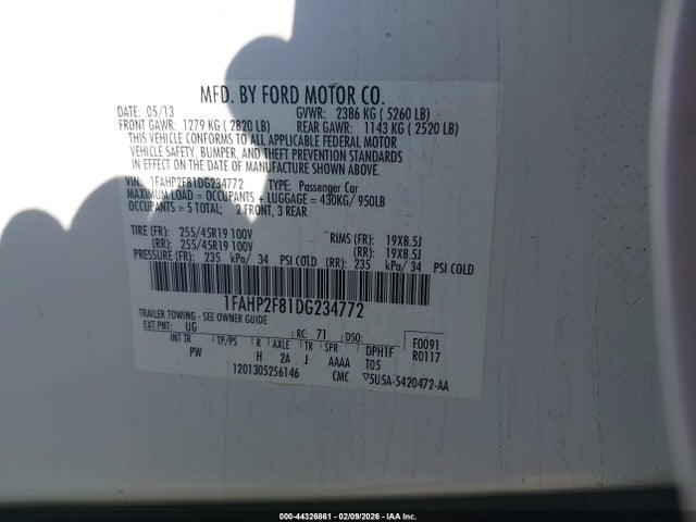 44326861 :رقم المزاد ، 1FAHP2F81DG234772 vin ، 2013 Ford Taurus Limited مزاد بيع