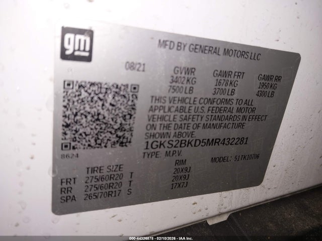 44326878 :رقم المزاد ، 1GKS2BKD5MR432281 vin ، 2021 Gmc Yukon 4wd Slt مزاد بيع