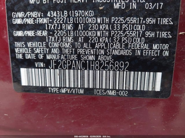 JF2GPANC1H8256892 Subaru Crosstrek 2.0i Limited