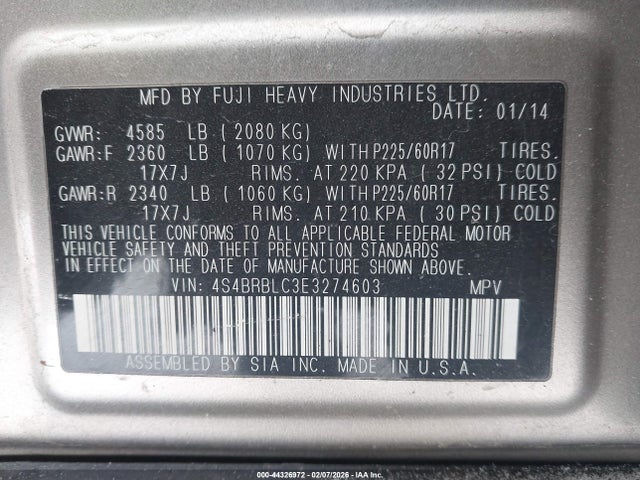 Продаж на аукціоні авто 2014 Subaru Outback 2.5i Limited, vin: 4S4BRBLC3E3274603, номер лоту: 44326972