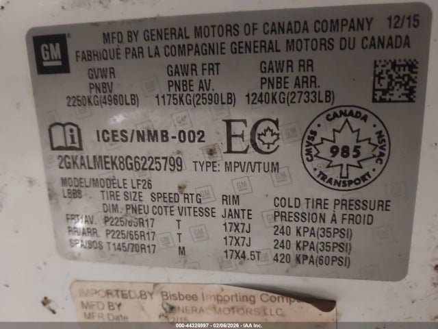 Aukcja sprzedaży 2016 Gmc Terrain Sle-1, vin: 2GKALMEK8G6225799, numer aukcji: 44326997