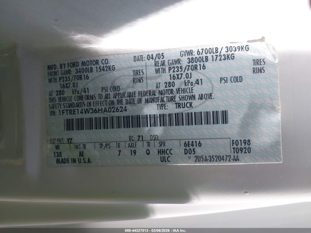 Продажа на аукционе авто 2006 Ford Econoline E150 Van, vin: 1FTRE14W36HA02624, номер лота: 44327013