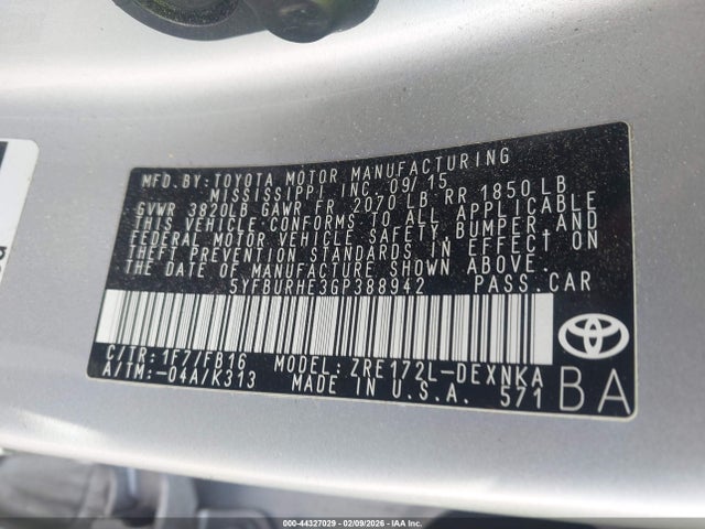 5YFBURHE3GP388942 Toyota COROLLA LE