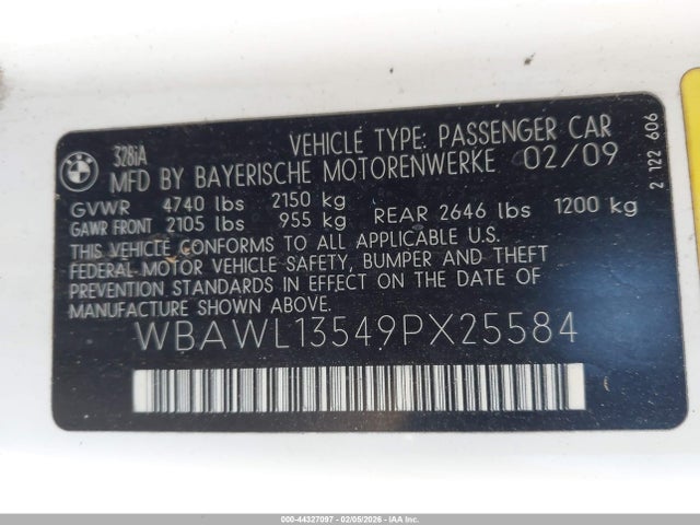 Продажа на аукционе авто 2009 Bmw 328i, vin: WBAWL13549PX25584, номер лота: 44327097