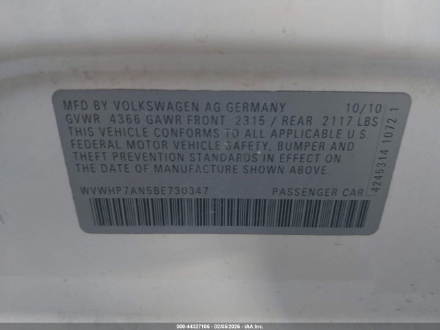 2011 Volkswagen Cc Lux Limited მანქანა იყიდება აუქციონზე, vin: WVWHP7AN5BE730347, აუქციონის ნომერი: 44327106