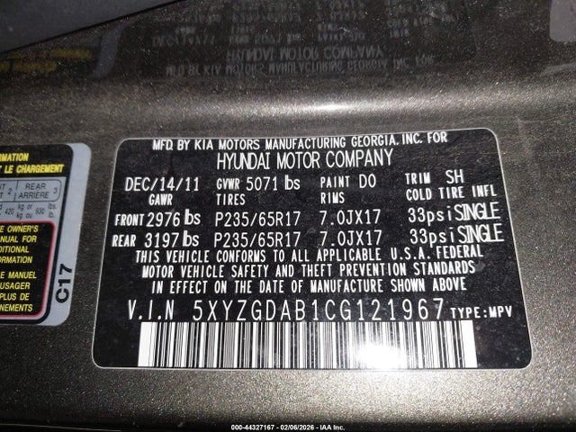 2012 Hyundai Santa Fe Gls მანქანა იყიდება აუქციონზე, vin: 5XYZGDAB1CG121967, აუქციონის ნომერი: 44327167
