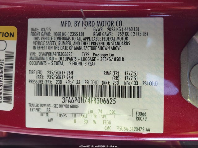 Ford FUSION SE 2015 3FA6P0H74FR306625 Image 9