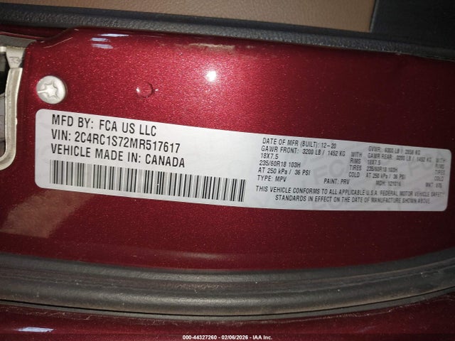 2021 Chrysler Pacifica Hybrid Limited მანქანა იყიდება აუქციონზე, vin: 2C4RC1S72MR517617, აუქციონის ნომერი: 44327260
