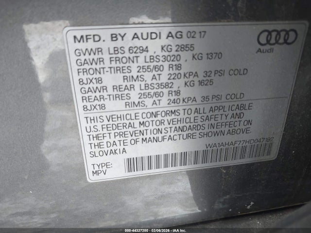 Продаж на аукціоні авто 2017 Audi Q7 2.0t Premium, vin: WA1AHAF77HD047192, номер лоту: 44327280