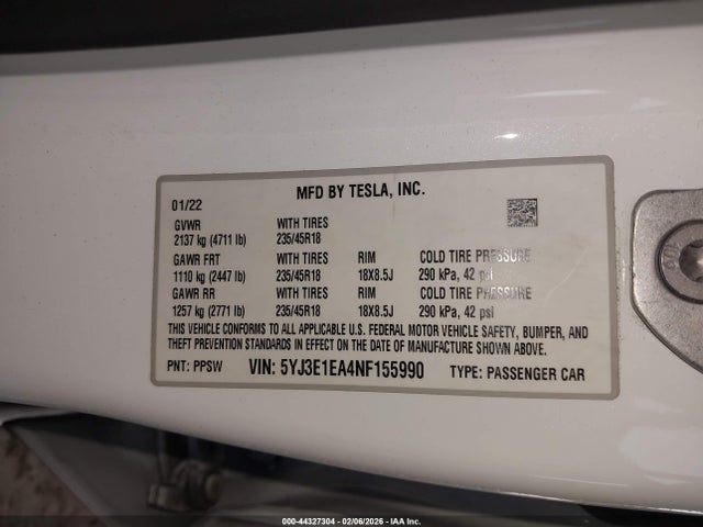 Продажа на аукционе авто 2022 Tesla Model 3 Rear-wheel Drive, vin: 5YJ3E1EA4NF155990, номер лота: 44327304