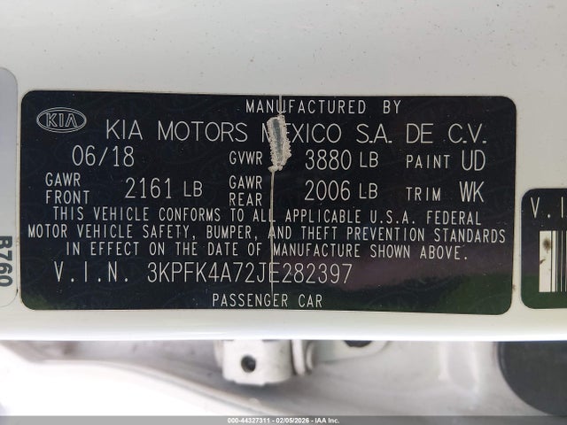 2018 Kia Forte Lx მანქანა იყიდება აუქციონზე, vin: 3KPFK4A72JE282397, აუქციონის ნომერი: 44327311