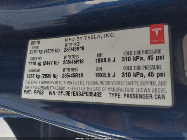 44327372 :رقم المزاد ، 5YJ3E1EA3JF005492 vin ، 2018 Tesla Model 3 Long Range/mid Range مزاد بيع