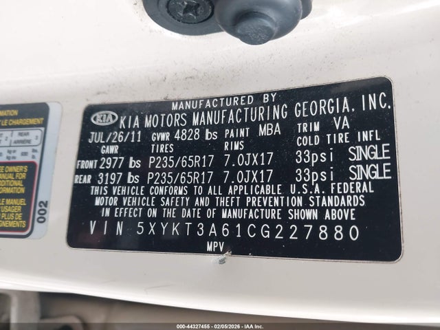 44327455 :رقم المزاد ، 5XYKT3A61CG227880 vin ، 2012 Kia Sorento Lx مزاد بيع