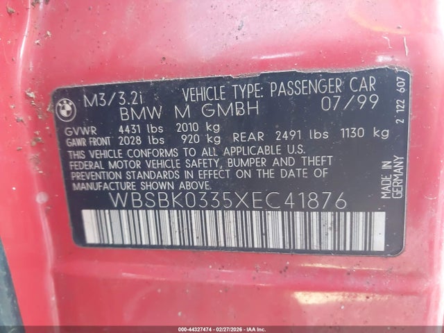 Продаж на аукціоні авто 1999 Bmw M3, vin: WBSBK0335XEC41876, номер лоту: 44327474