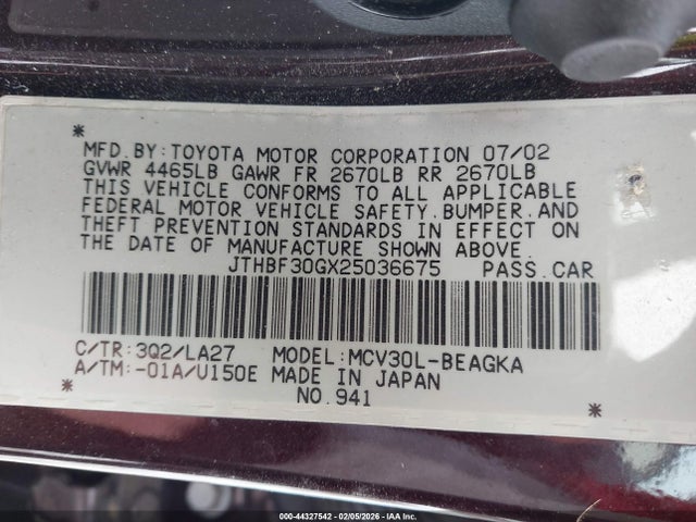 Aukcja sprzedaży 2002 Lexus Es 300, vin: JTHBF30GX25036675, numer aukcji: 44327542