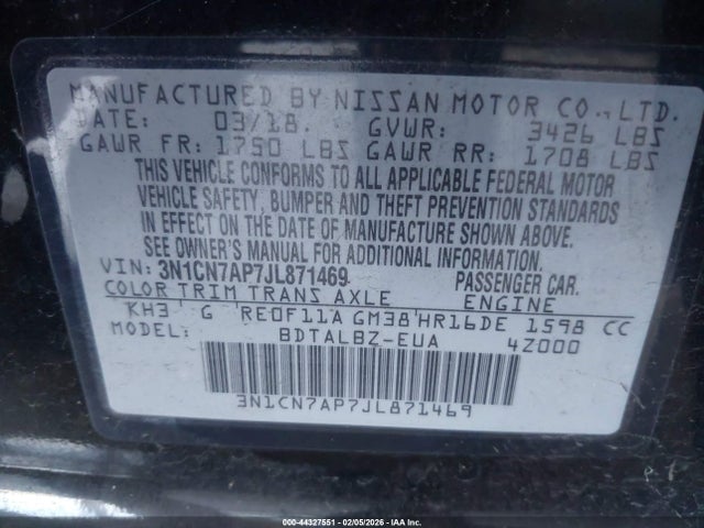 3N1CN7AP7JL871469 Nissan Versa 1.6 Sv