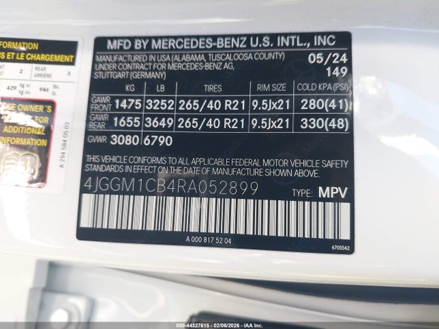 Продажа на аукционе авто 2024 Mercedes-benz Eqe 350 Suv 4matic, vin: 4JGGM1CB4RA052899, номер лота: 44327615