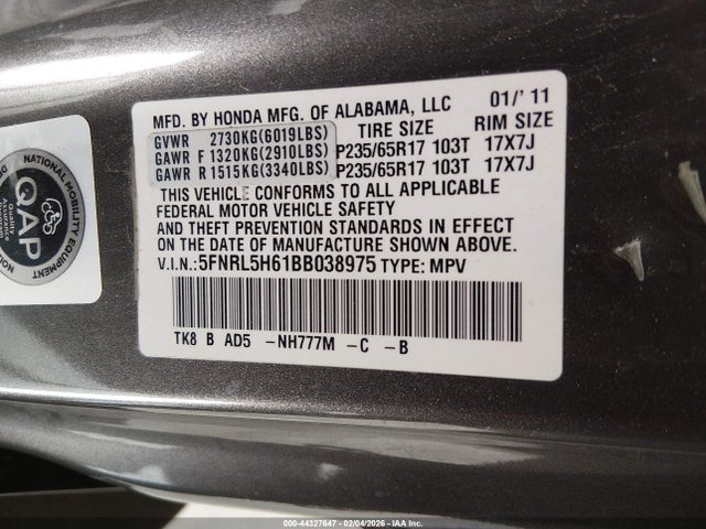 2011 HONDA ODYSSEY 5FNRL5H61BB038975 Photo 8