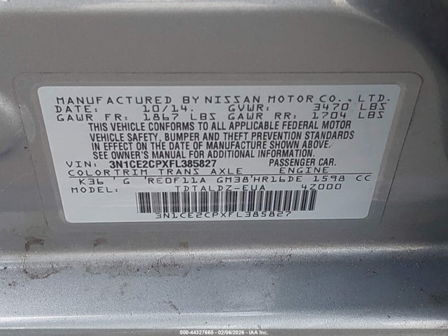 3N1CE2CPXFL385827 Nissan Versa Note S (sr)/s Plus/sl/sr/sv