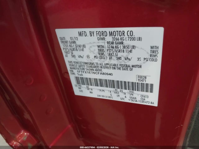 Продажа на аукционе авто 2012 Ford F-150 Xlt, vin: 1FTFX1ET6CFA80940, номер лота: 44327694
