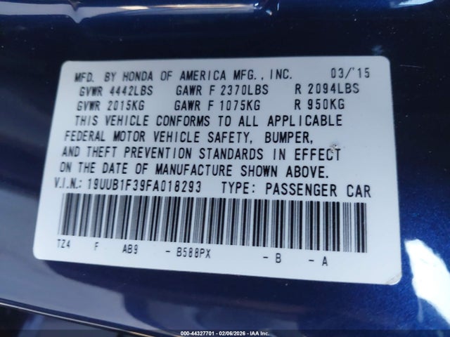 44327701 :رقم المزاد ، 19UUB1F39FA018293 vin ، 2015 Acura Tlx مزاد بيع