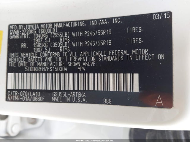 Aukcja sprzedaży 2015 Toyota Highlander Limited V6, vin: 5TDDKRFH7FS150304, numer aukcji: 44327727