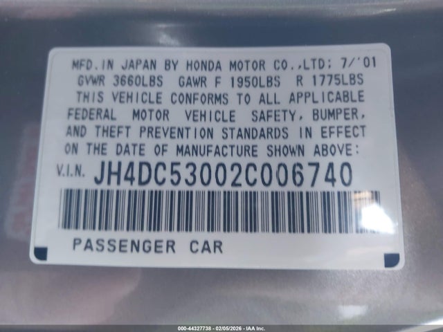 44327738 :رقم المزاد ، JH4DC53002C006740 vin ، 2002 Acura Rsx Type S مزاد بيع