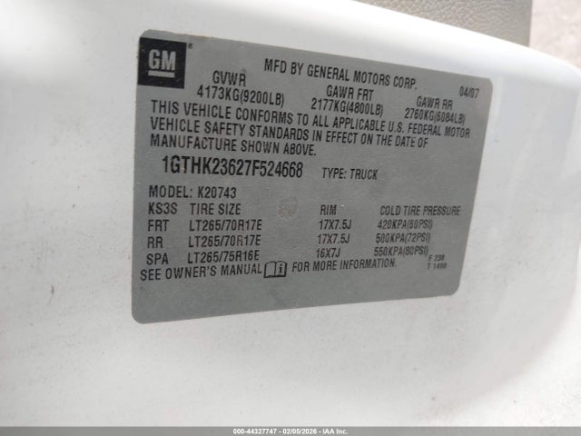 2007 Gmc Sierra 2500hd Slt მანქანა იყიდება აუქციონზე, vin: 1GTHK23627F524668, აუქციონის ნომერი: 44327747