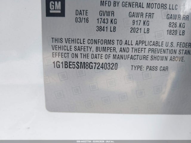 1G1BE5SM8G7240320 Chevrolet Cruze Lt Auto
