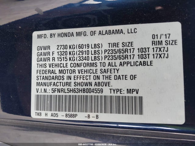 5FNRL5H63HB004559 Honda Odyssey Ex-l