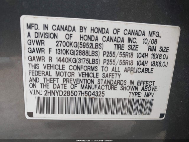 44327821 :رقم المزاد ، 2HNYD28507H504325 vin ، 2007 Acura Mdx Sport Package مزاد بيع