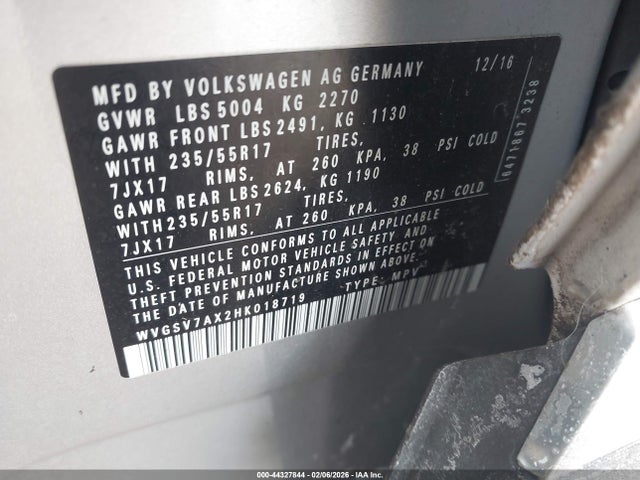 WVGSV7AX2HK018719 Volkswagen Tiguan 2.0t Wolfsburg Edition