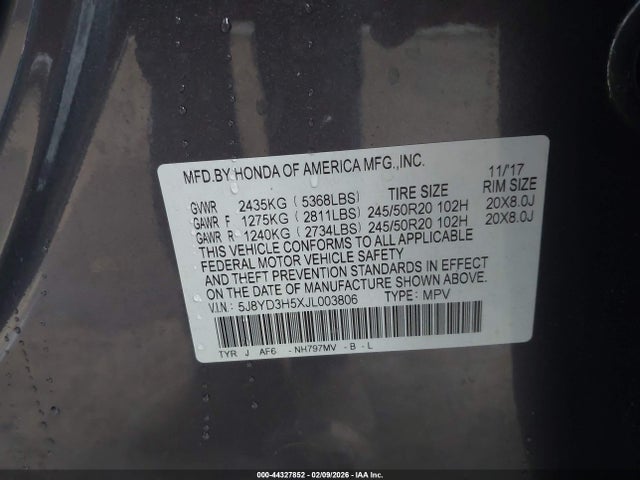 5J8YD3H5XJL003806 Acura Mdx Technology Package Acurawatch Plus Pkg