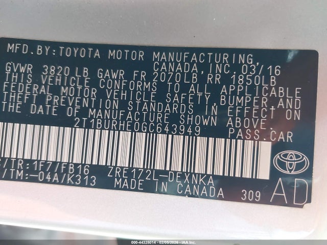 2T1BURHE0GC643949 Toyota COROLLA LE