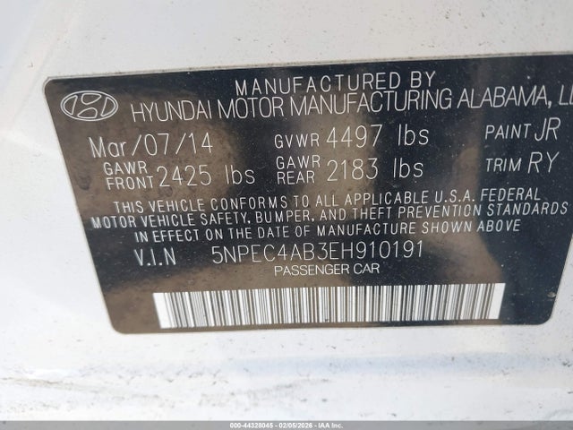 Aukcja sprzedaży 2014 Hyundai Sonata Se 2.0t, vin: 5NPEC4AB3EH910191, numer aukcji: 44328045
