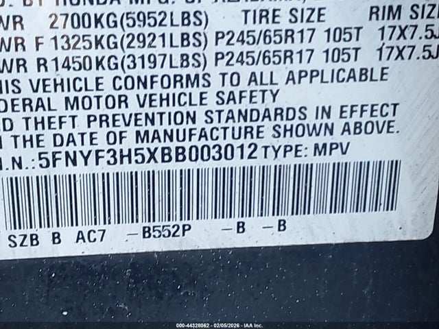 44328062 :رقم المزاد ، 5FNYF3H5XBB003012 vin ، 2011 Honda Pilot Ex-l مزاد بيع